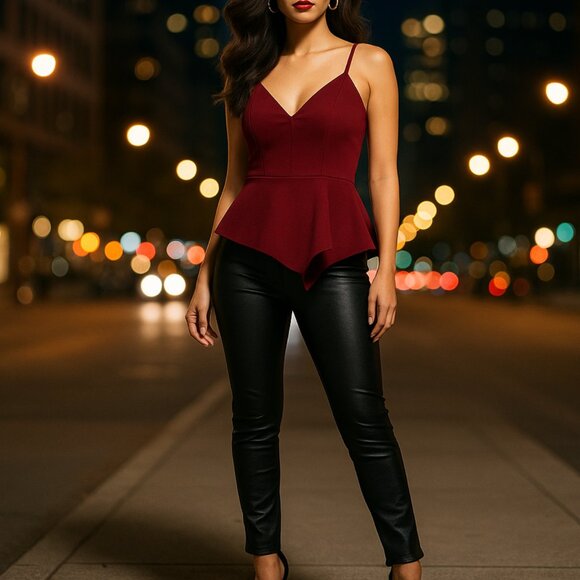 Love J Women's Burgundy Peplum Tank Sz M Asymmetrical Hem Date Night Y2K Chic - Picture 2 of 10